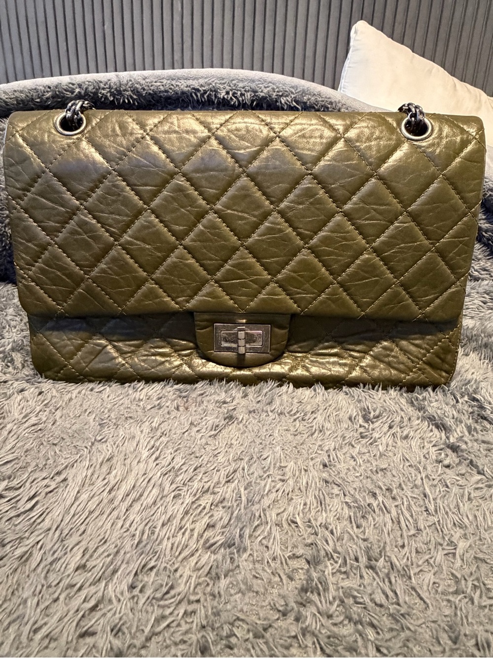 Chanel 2.55 size 227 Quilted adged calfskin Olive Green Leather Shoulder Bag